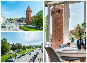 eine Sammlung von Fotos mit einer Stadt und einem Turm in der Unterkunft Baszta Jacek Gdańsk in Danzig