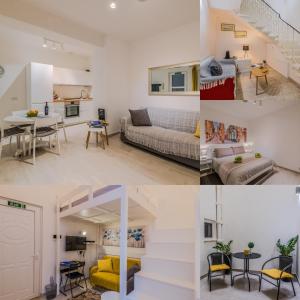 eine Collage mit Fotos von einem Wohnzimmer und einer Küche in der Unterkunft Valletta Spacious Duplex - St.Paul's Apartments in Valletta