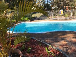 een zwembad in een tuin met een hek bij Tea Gardens Motel in Tea Gardens