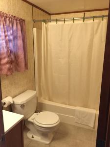 a bathroom with a toilet and a shower curtain at Elmwood Motor Lodge in Boscawen