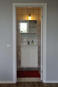 małą łazienkę z umywalką i lustrem. w obiekcie Dzuku apartment 40 w Wilnie
