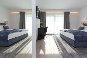 two pictures of a bedroom with a bed and a television at Pansion Leggero in Krk