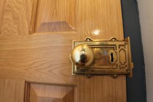 a brass door knocker on a wooden door at Rod and Line in Landrake
