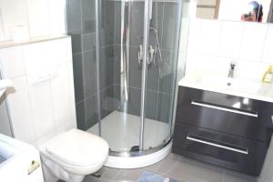 a bathroom with a shower and a toilet and a sink at Lucija Apartments in Krk