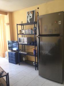 プラヤ・デアロにあるEl Apartamento Luminosoのキッチン(ステンレス製の冷蔵庫、棚付)