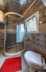 bagno con doccia, servizi igienici e tappeto rosso di Lux Apartment in Downtown a Belgrado