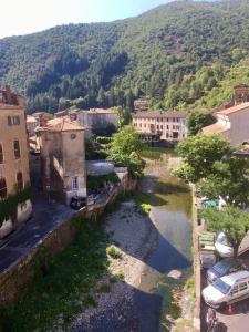 a river in a town with buildings and a mountain at La Coconnière de Valleraugue in Valleraugue