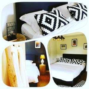 a collage of three pictures of a bedroom with a bed at villa les champs de knokke in Knokke-Heist