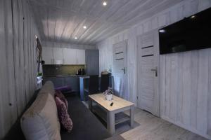 a living room with a couch and a table at Domek Fiona in Boszkowo