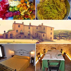 uma colagem de fotos de uma casa e uma mesa com comida em Agriturismo Antico Muro em Sassoferrato