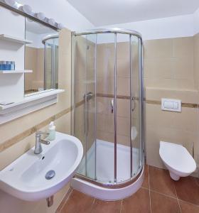 a bathroom with a shower and a sink and a toilet at Penzion Karolinka in Kroměříž