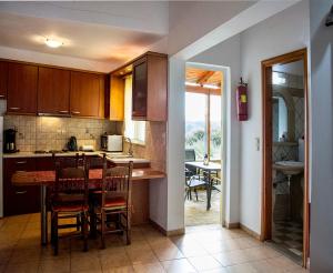 a kitchen with a table and chairs and a dining room at Plakalona Apartments in Exopoli