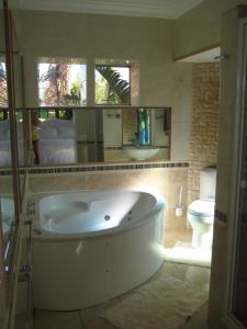 a bathroom with a tub and a toilet and a mirror at Aurora Guest Units in Durbanville