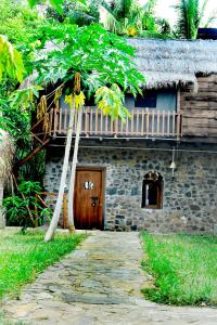 a house with a palm tree in front of it at Lizard Safari Lodge in Udawalawe