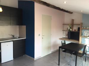 a kitchen with a table and a blue wall at Studio avec Terrasse in Aix-en-Provence +11 photos