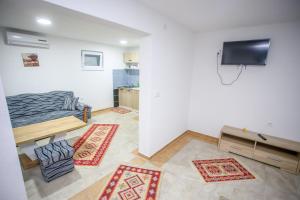 a living room with a couch and a tv on a wall at Villa River Una 6 in Bihać