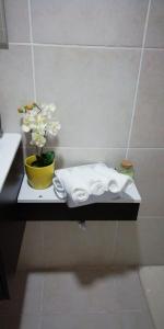 a shelf with towels and a vase of flowers in a bathroom at Atardecer porteño in Puntarenas