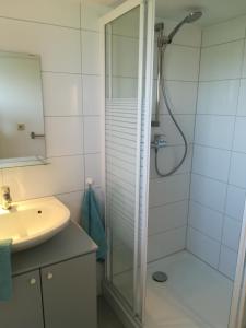 a bathroom with a shower and a sink at Le willou in Malmedy