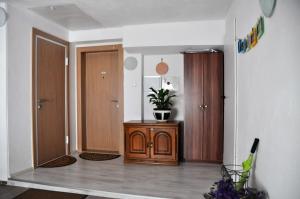 un corridoio con un mobile in legno e una pianta in vaso di Simpli Apartments a Lubiana