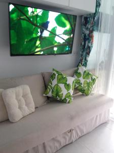 kanapa z dwoma poduszkami i telewizor na ścianie w obiekcie Aloha Paraíso w mieście Torremolinos