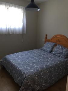 a bedroom with a bed with a blue comforter and a window at Las Olivas in Candeleda