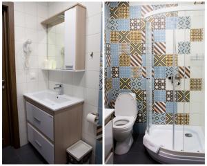 two pictures of a bathroom with a toilet and a shower at Roomer in Chelyabinsk