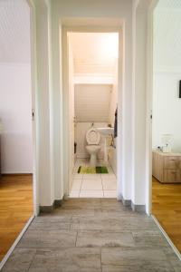 a bathroom with a toilet and a sink at Csuka48 Apartman in Szarvas