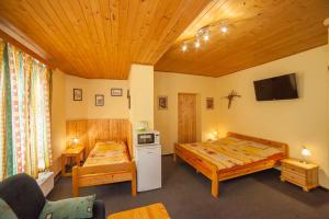 a bedroom with two beds and a tv and a couch at Penzion Na Rozcestí in Janov nad Nisou
