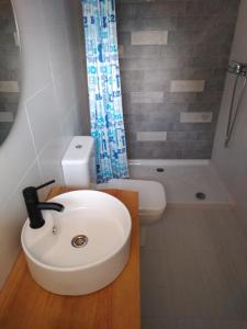 ein Bad mit einem Waschbecken, einem WC und einer Dusche in der Unterkunft Aqua House in Denia