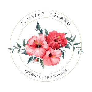 une fleur couleur d'eau dans un cadre rond avec les mots "îlot de fleurs" dans l'établissement Flower Island Resort, à Taytay
