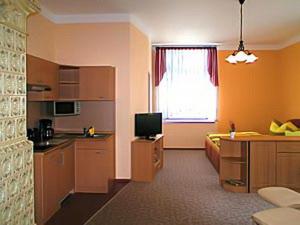 a room with a kitchen and a living room at Haus Grüllich in Rathmannsdorf