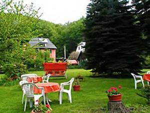 a garden with a table and chairs in the grass at Haus Grüllich in Rathmannsdorf