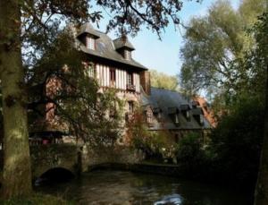 ein großes Haus mit einem Fluss davor in der Unterkunft Le Moulin Fleuri du Petit Appeville in Petit-Appeville