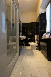 y baño con ducha, aseo y lavamanos. en Palazzo Loup Hotel, en Loiano