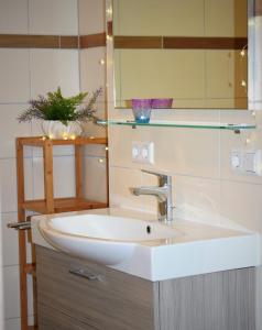 a bathroom with a sink and a mirror at KapLuv Plau am See in Plau am See +215 photos