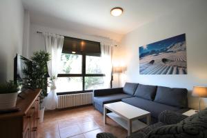 a living room with a blue couch and a window at Pont de Toneta 4,2 Ransol, Zona Grandvalira in Ransol