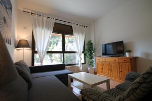 sala de estar con sofá, TV y ventana en Pont de Toneta 4,3 Ransol, Zona Grandvalira, en Ransol