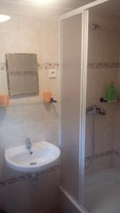 uma casa de banho com um lavatório e um chuveiro com um espelho. em Chata Dolce I em Trutnov