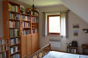 a bedroom with book shelves filled with books at Dom Na Pstrążnicy in Kudowa-Zdrój