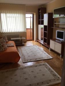 a living room with a couch and a television at Sea Blue Apartament City Park Mall in Constanţa