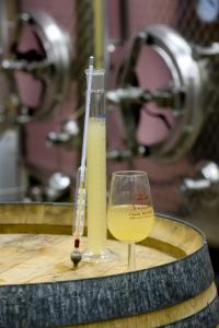 um copo de vinho e um termómetro numa mesa em Domaine Bleger by Windmuehl em Saint-Hippolyte