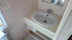 ein Badezimmer mit einem weißen Waschbecken und einem Spiegel in der Unterkunft Samson mobile house in Bled