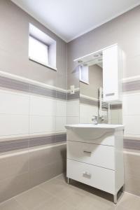 a bathroom with a sink and a mirror at Cuha-gyöngye Apartmanház in Zirc