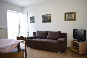 ein Wohnzimmer mit einem Sofa und einem TV in der Unterkunft Apartment Rina in Vantačići