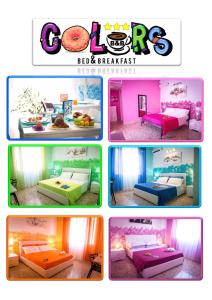 een collage van vier foto's van bedden in verschillende kleuren bij Colors B&B in Palermo