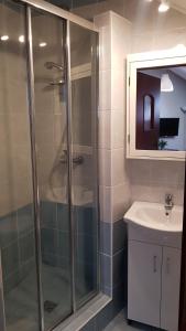 a bathroom with a shower and a sink at Pensjonat Morfeusz in Sianozety +65 photos