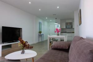 a living room with a couch and a tv at El Ventanal de Almagro in Almagro
