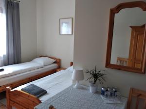 a bedroom with two twin beds and a mirror at Swojski Klimat in Płońsk