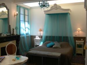 a bedroom with a bed with blue drapes at Maison d'hôte la Tourette in Cucugnan
