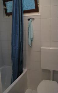 a bathroom with a toilet and a blue shower curtain at Apartma Juha - in Breg pri Borovnici